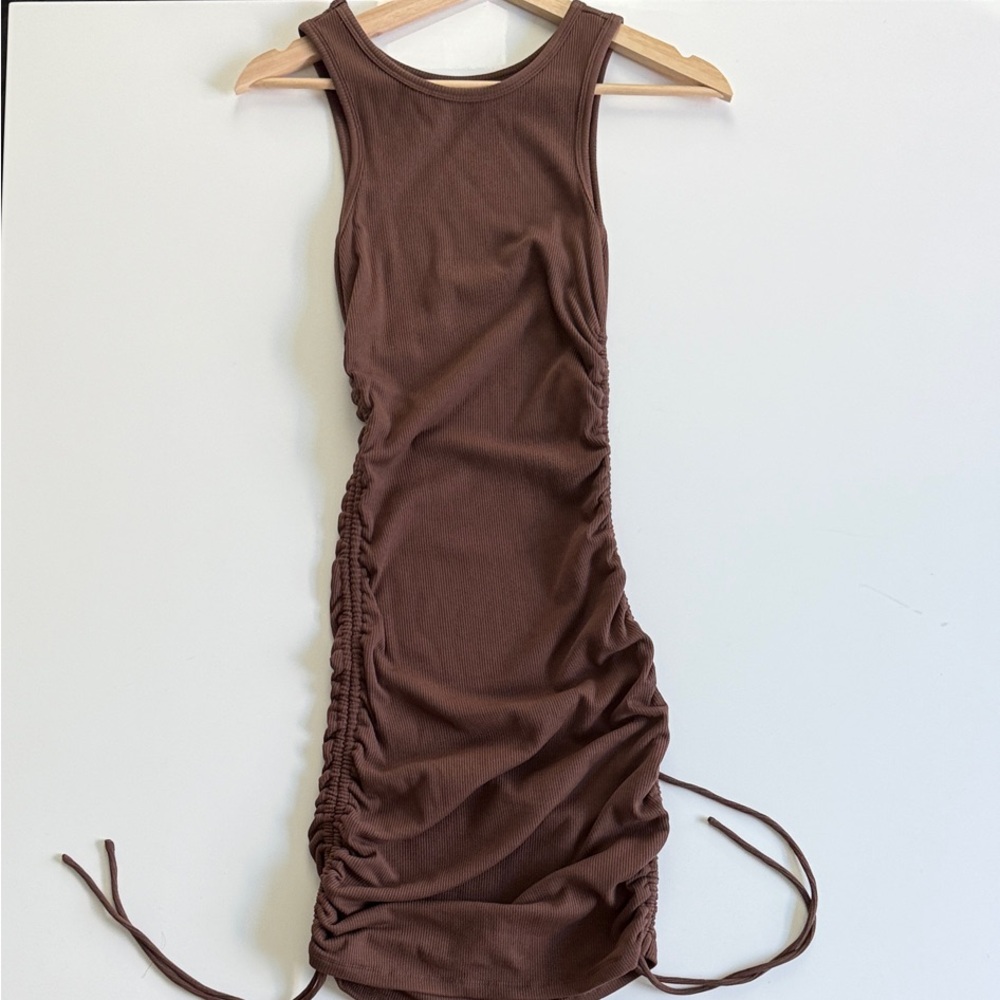 White Fox Boutique Play It Loud Drawstring Mini Dress Chocolate